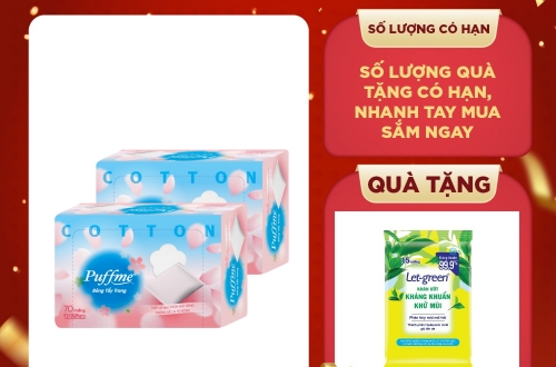 TẶNG 1 KHĂN ƯỚT KHỬ MÙI LET-GREEN - BÔNG TẨY TRANG PUFFME DẠNG TÚI 70 MIẾNG